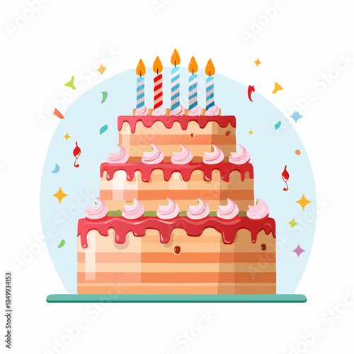 Three tiered birthday cake with lit candles and colorful confetti illustration