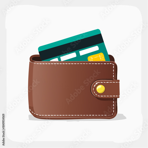 Wallet illustration with credit card emerging on white background