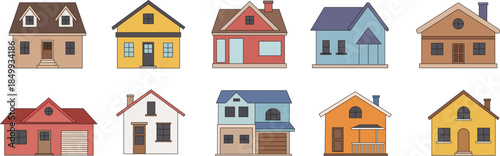 Colorful House Icons Set. Residential Home Building Vector Illustration Collection
