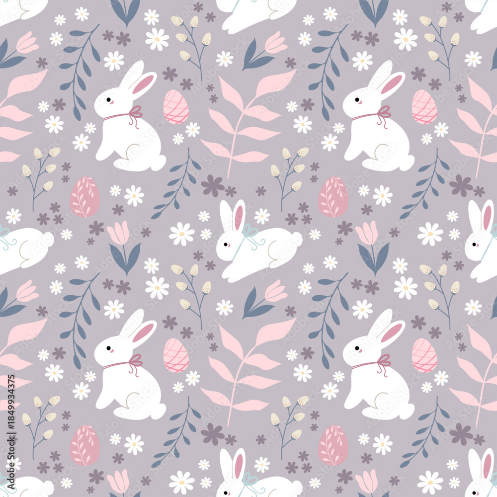 Obraz premium Seamless Easter bunny pattern with spring flowers and eggs. Soft pastel colors