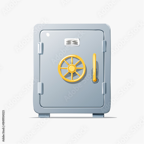 Cartoon illustration of a gray safe with a golden handle and dial isolated