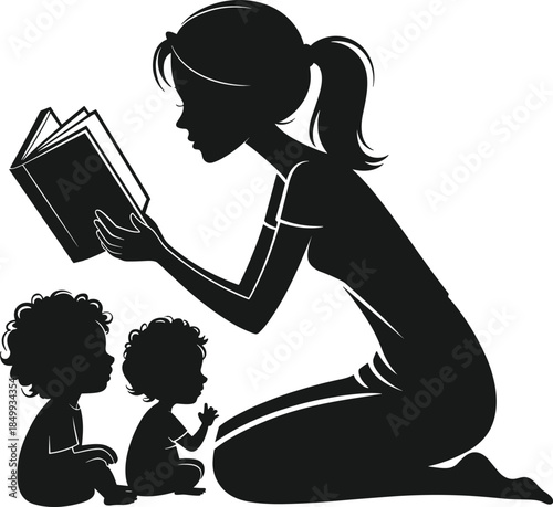 Mother reading book to children silhouette, parenting education, storytelling, family bonding, early learning, childhood development concept illustration isolated