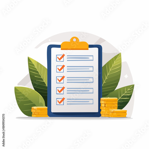 Clipboard with checklist and coins surrounded by leaves against a white background