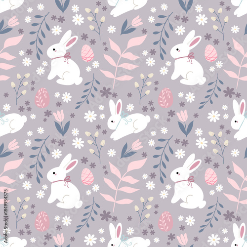 Seamless Easter bunny pattern with spring flowers and eggs. Soft pastel colors