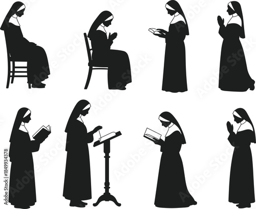 Nun silhouette collection, praying reading poses, religious devotion concept, catholic sister vector illustration set isolated white background black minimalist design