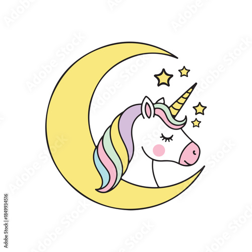 A whimsical cartoon unicorn head on a yellow crescent moon with stars