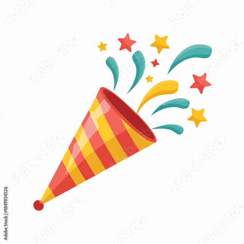Festive party popper illustration with colorful stars and streamers on white