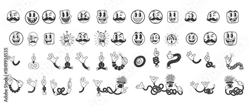 Cartoon Character Face and Hand Collection, Vintage Style Emotes and Gestures.