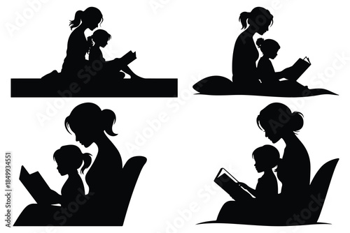 Four Black Silhouettes of Women and Children Reading Together