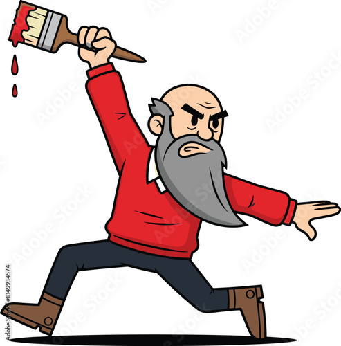 Angry cartoon artist character holding paint brush, aggressive expression, creative protest concept, funny illustration, graphic design mascot, vector art 