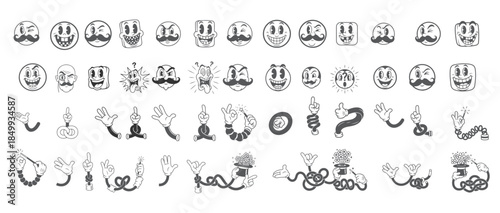 Cartoon Character Face and Hand Collection, Vintage Style Emotes and Gestures.
