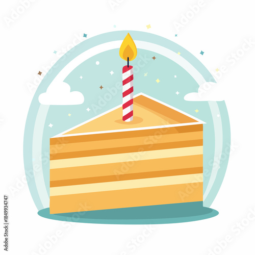 Slice of cake with lit candle celebration party concept vector illustration