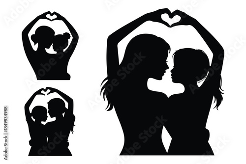 Black and white silhouettes of mother and child embracing with heart hands