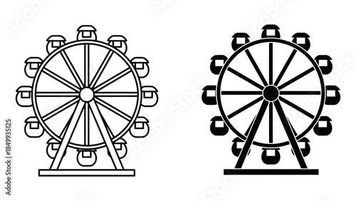 Outline and silhouette vector illustration of a classic ferris wheel at an amusement park