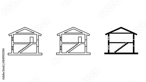 Architectural cross-section of a two-story house with internal staircase line icons set