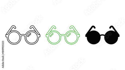 Collection of stylish round eyeglasses icons in outline, green, and solid black vector styles