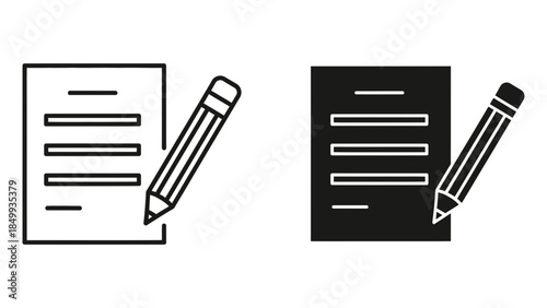 Writing a document or taking notes with a pencil, presented as line and solid icon illustration