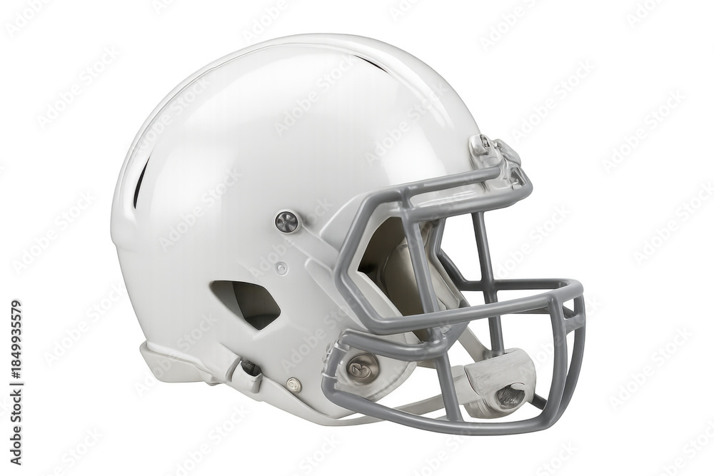 Fototapeta premium White american football helmet protecting players during games, featuring a face mask and chin strap, isolated with transparent background