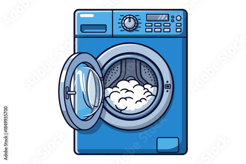 Front-loading washing machine with an open door and a full drum of laundry, showcasing a clean and efficient way to do household chores