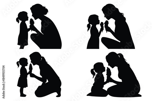 Silhouettes of women and girls holding dolls in various poses