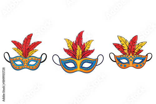 A captivating collection of festive masquerade masks, each showcasing vivid colors and elaborate feather detailing, ideal for parties and joyous occasions and cultural events