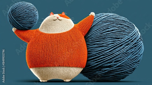 Pink-eared white cat orange tail clutching yarn, C4D studio-lit blind-box style for gift-box cover, brand KV, sticker print