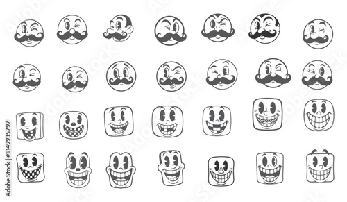 Funny Old School Mascot Character Kit, Black and White Traditional Animated Heads with Facial Hair.