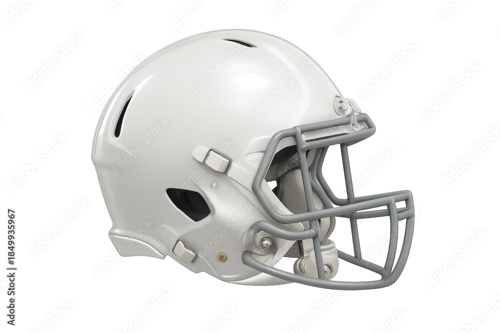 Fototapeta premium American football helmet in white with a grey facemask, designed for head protection during play, isolated with a transparent background