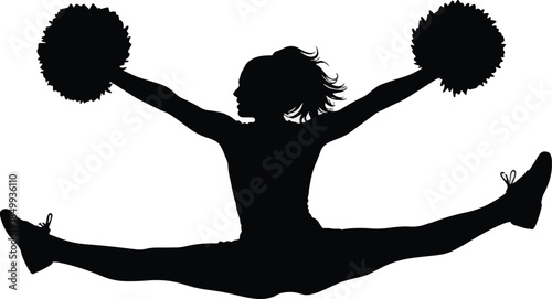 cheerleader performing a jump split, vector silhouette white background 