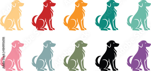 Sitting dog silhouettes in different colors, Colorful canine pose icon set