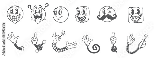 Vintage Toon Smile and Gesture Pack, Happy Character Head with Pointing and Waving Hands.