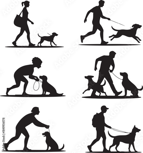 Dog Walking Silhouette Icon Set
