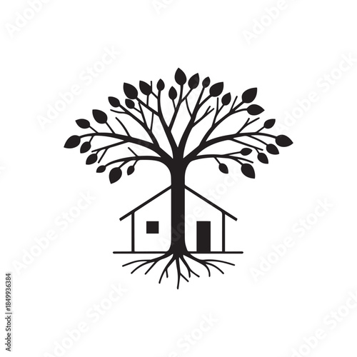 Tree and house icon symbolizing sustainable living and deeply rooted community