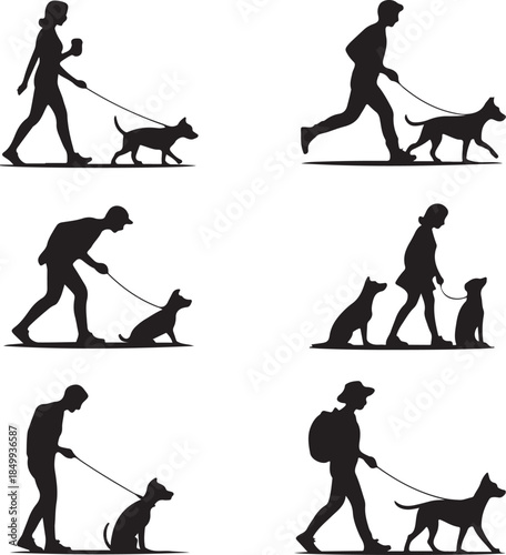 Dog Walking Silhouette Icon Set