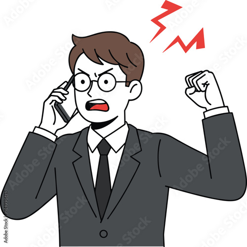 Angry businessman shouting on smartphone during stressful work call, cartoon office character illustration showing frustration, conflict, and communication problem situation