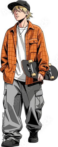 Stylish Young Skater Boy with Skateboard in Casual Outfit Urban Style Illustration