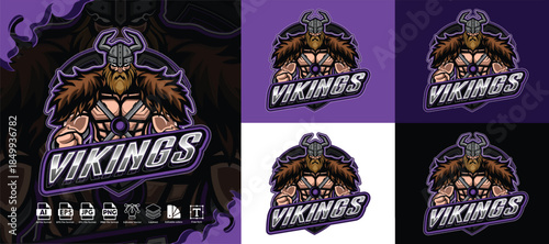 Vikings mascot logo design bearded warrior in horned helmet design sport or e-sport team gaming emblem badge illustration concept editable vector, multiple backgrounds.