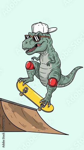 Cool Retro T Rex Dinosaur Skateboarder Grinding Ramp Humorous Jurassic Action