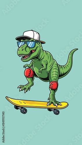 Cool Cartoon T Rex Dinosaur Skating on Skateboard Wearing Sunglasses and Cap Fun Retro Style