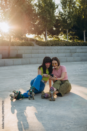 Smiling girl friends scroll social media after roller skating on sunset

