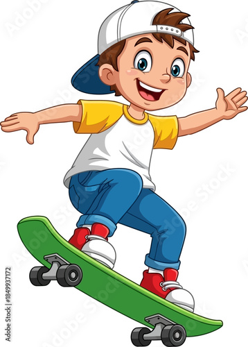 Happy Cartoon Boy Riding a Green Skateboard with a Big Smile and Arms Outstretched