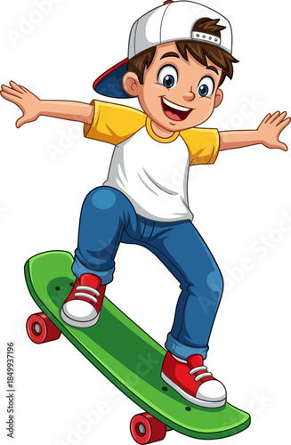 Happy Cartoon Boy Riding a Green Skateboard Active Kid Enjoying Outdoor Fun and Extreme Sports