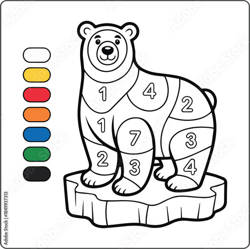 Color by number game activity book for kids, Cute polar bear educational game for kindergarten children