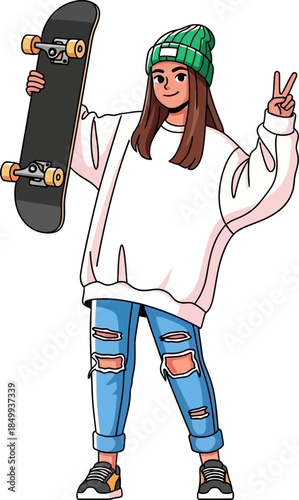 Cool Cartoon Teenager Girl with Skateboard and Beanie Showing Peace Sign