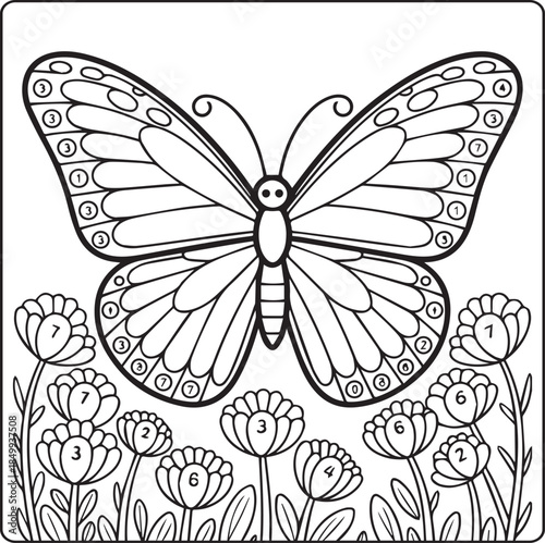 Color by number game activity book for kids, Cute butterfly educational game for kindergarten children