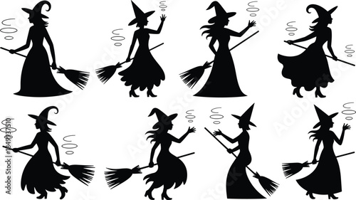 Witch Silhouettes with Broomsticks, Halloween Character Poses, Magical Spiral Symbols, Costume Design Elements, Vector Illustration, Fantasy Theme, Spooky Holiday Graphics