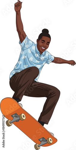 Dynamic Young Black Man Performing Skateboarding Trick in Mid Air Cartoon Style Illustration