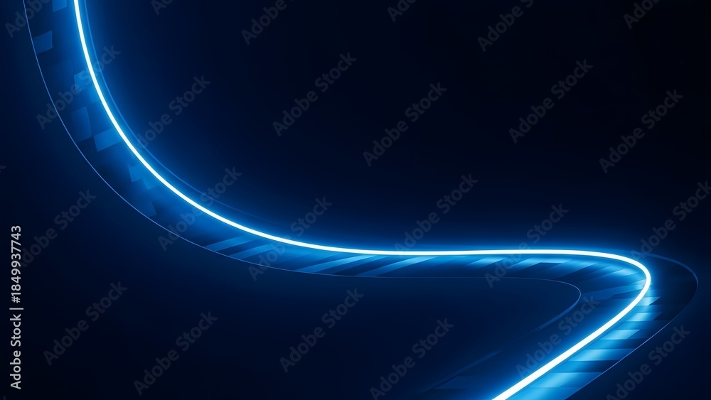 Obraz premium Glowing blue neon light trail in dark background