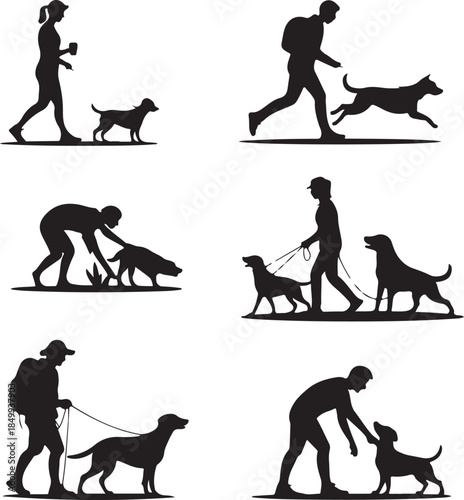 Dog Walking Silhouette Icon Set