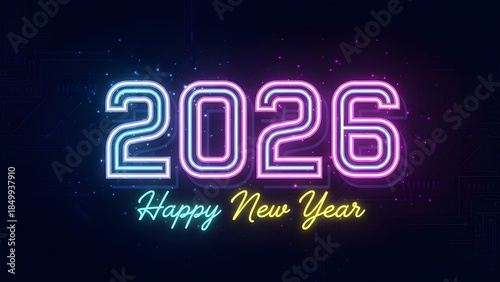 Neon Blue & Purple Outline 2026 - Glowing Cyberpunk Text, Futuristic Tech Background, Nightlife Celebration, Digital New Year & Modern Art